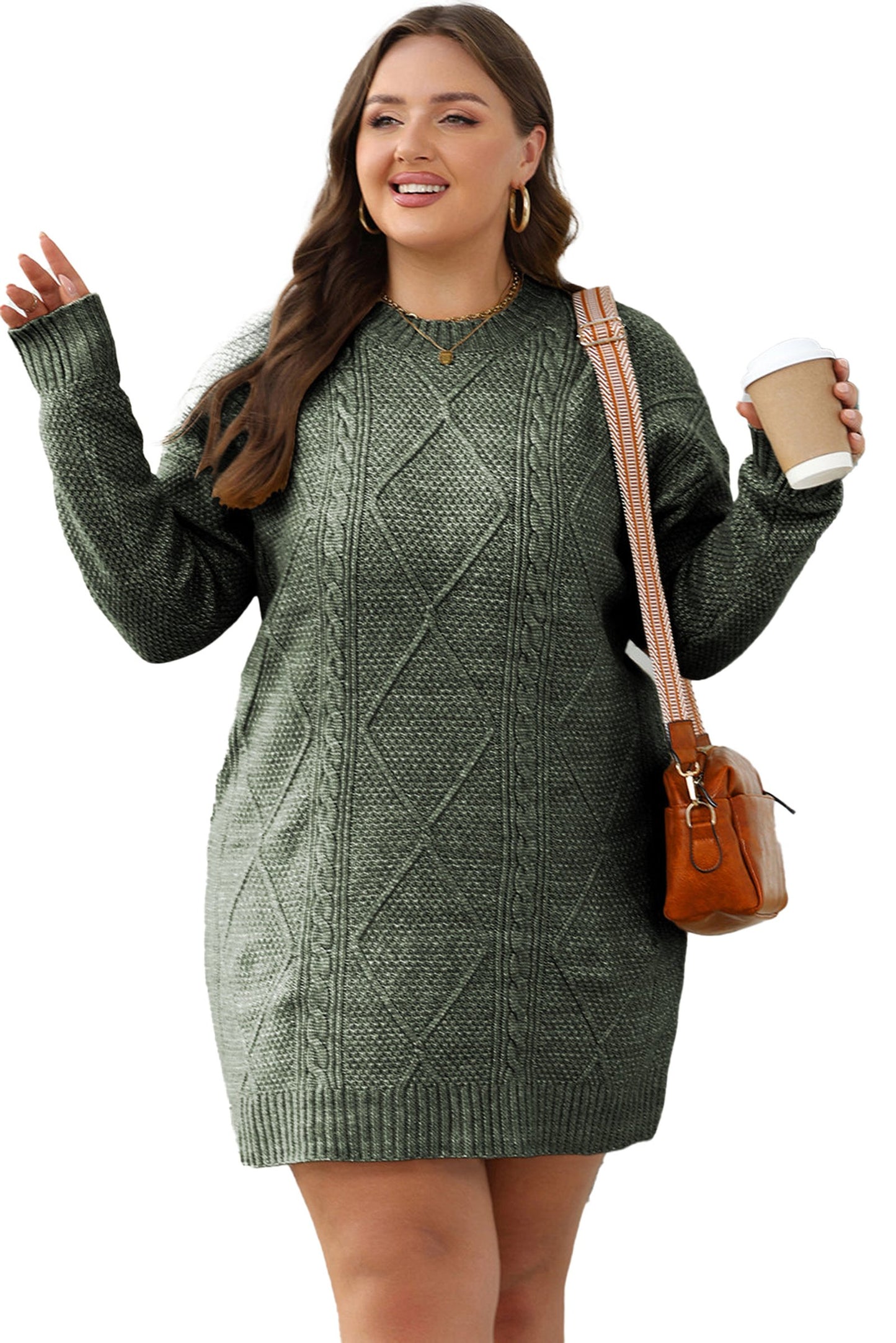 LuckeLadybug cable knit sweater dress in green, stylish and perfect for casual outings