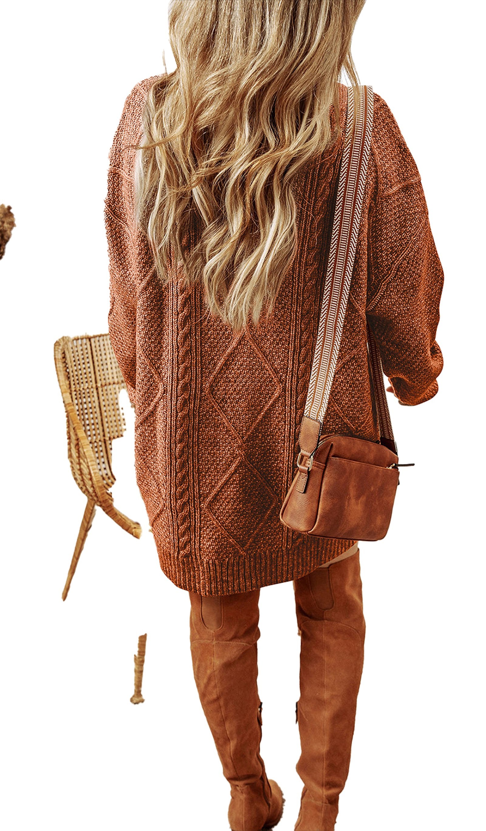 Cozy LuckeLadybug cable knit sweater dress in warm rust color, perfect for fall outfits