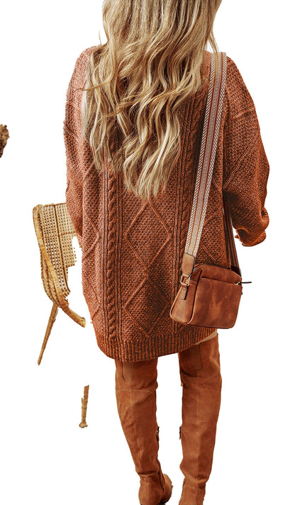 Cozy LuckeLadybug cable knit sweater dress in warm rust color, perfect for fall outfits