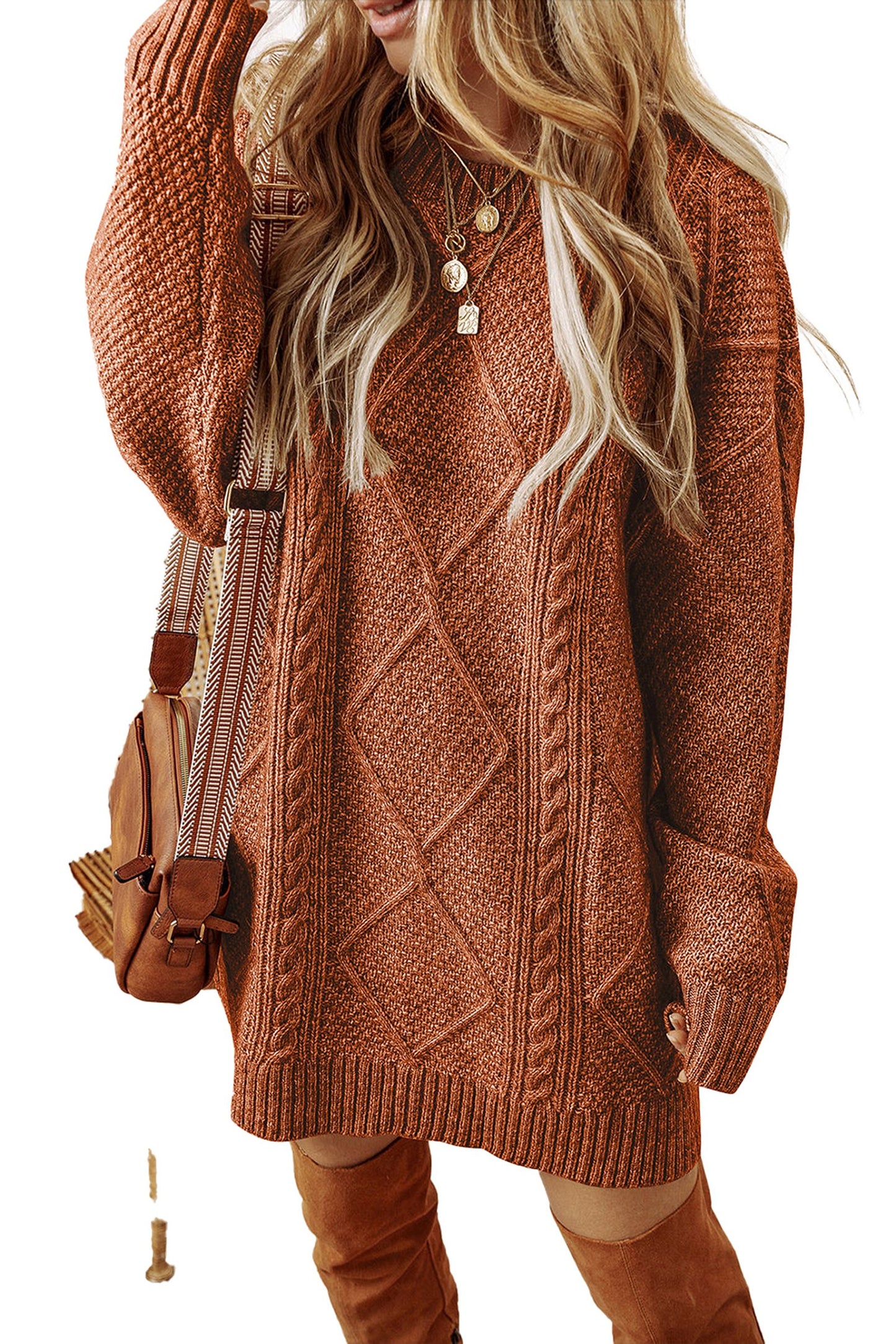 LuckeLadybug cable knit sweater dress in rust color with long sleeves and cozy texture