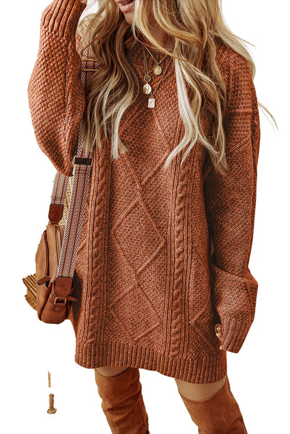 LuckeLadybug cable knit sweater dress in rust color with long sleeves and cozy texture