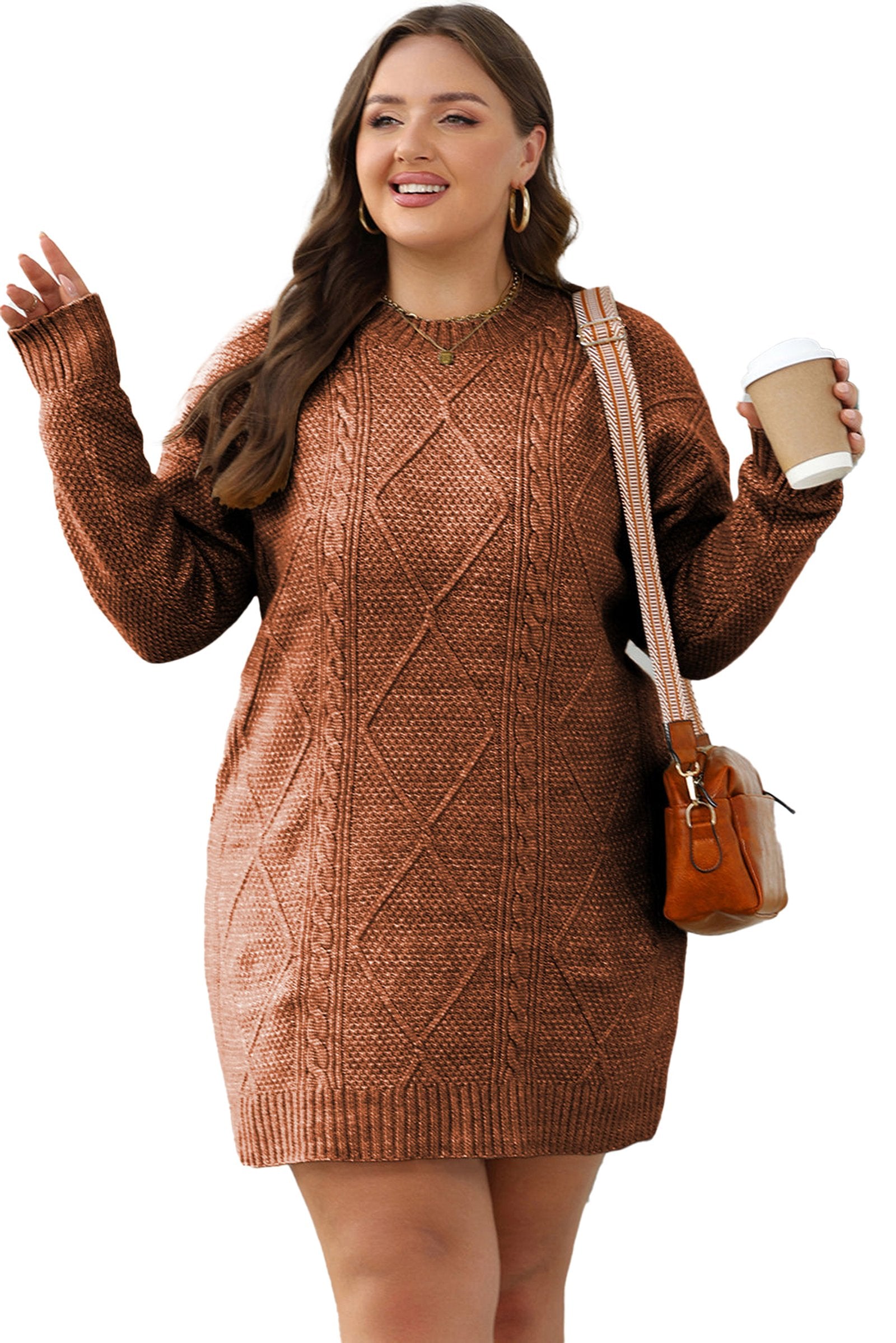 LuckeLadybug cable knit sweater dress in brown with long sleeves and a relaxed fit