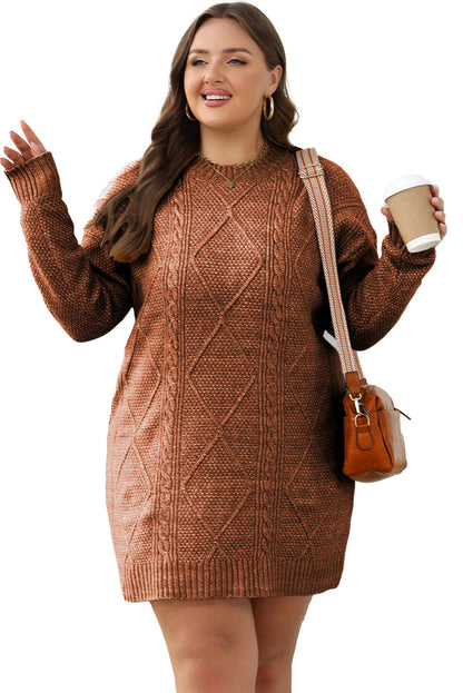 LuckeLadybug cable knit sweater dress in brown with long sleeves and a relaxed fit