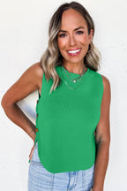 Bright Green Side Button Round Neck Knit Sleeveless Sweater