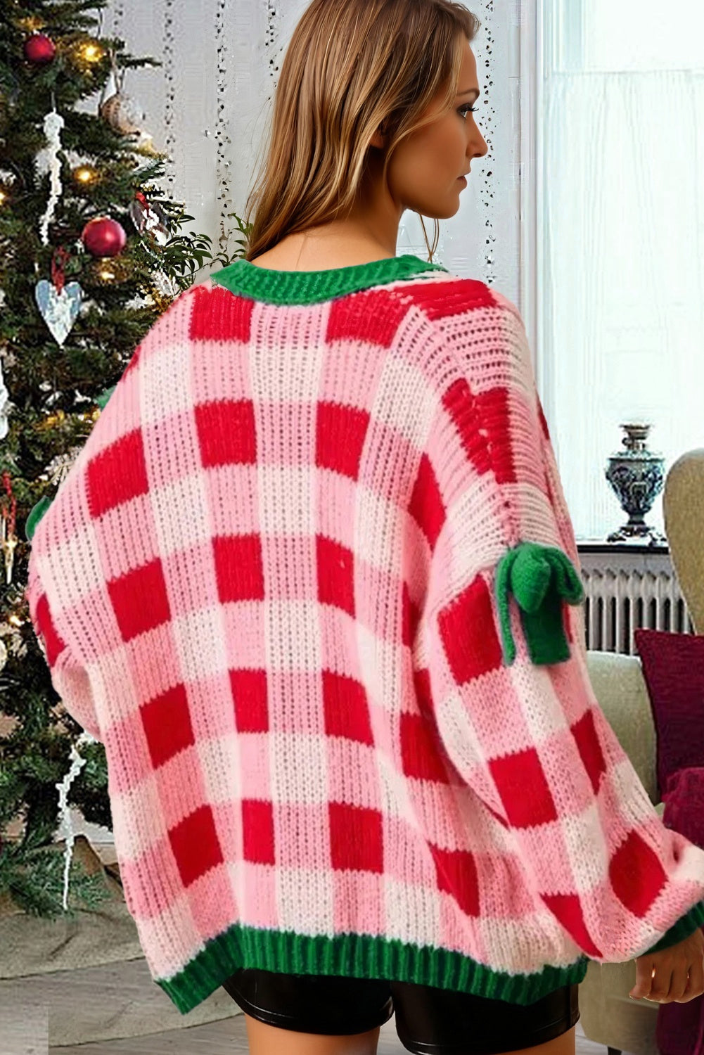 Cable Knit Sweater with Checker Print