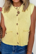 White Solid Color Sleeveless Knit Button Pocketed Sweater