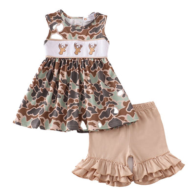 Adorable Camouflage Antler Embroidery Girl Set For Trendy Babies And Toddlers - LuckeLadybug LLC