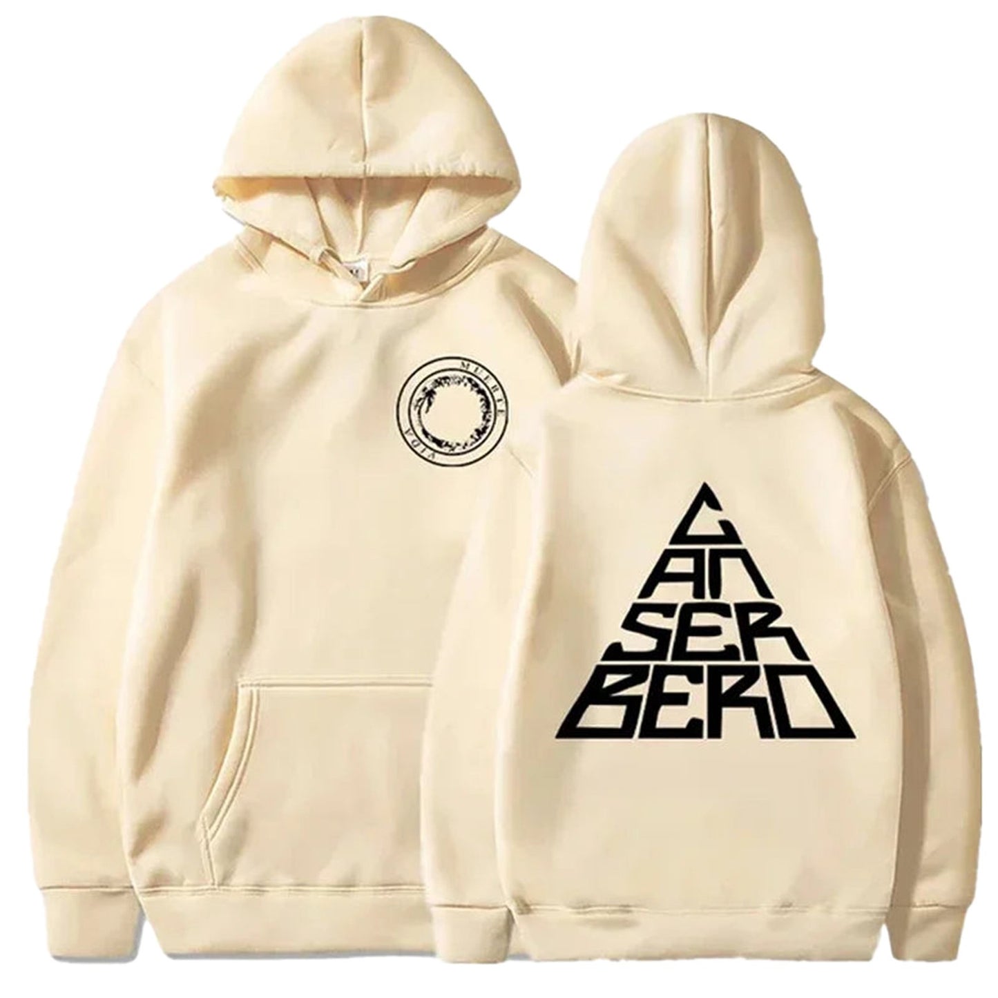 Cream Canserbero hoodie unisex featuring a logo on the front and a bold graphic on the back