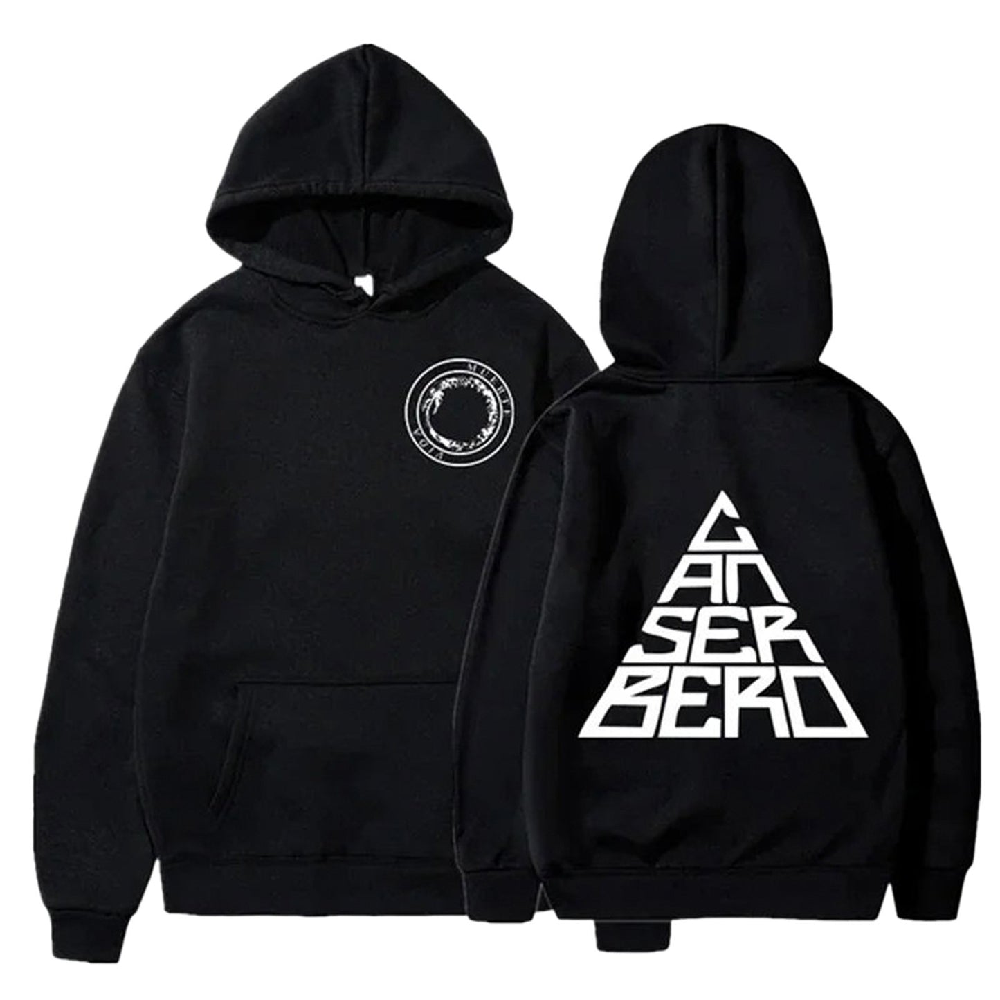 Unisex Canserbero hoodie in black with front logo and bold back design for casual wear