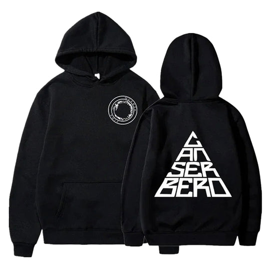 Unisex Canserbero hoodie in black with front logo and bold back design for casual wear