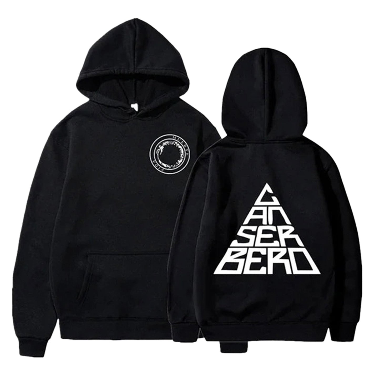 Unisex Canserbero hoodie by LuckeLadybug LLC in black with logo and triangle design on the back