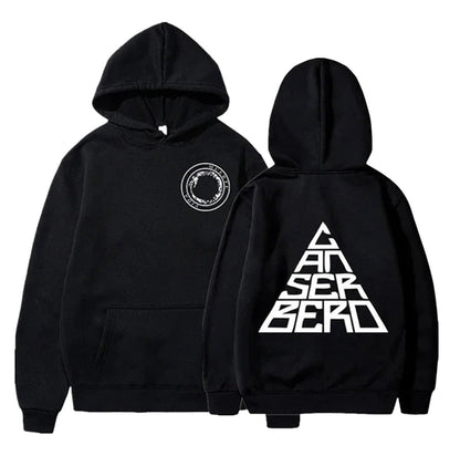 Unisex Canserbero hoodie by LuckeLadybug LLC in black with logo and triangle design on the back