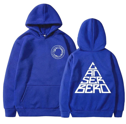 Blue unisex Canserbero hoodie featuring a front logo and bold back design