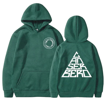 Green unisex Canserbero hoodie by LuckeLadybug LLC featuring front logo and large back graphic