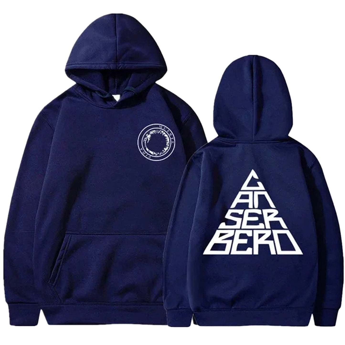 Navy Canserbero hoodie unisex featuring a graphic design on the back and front logo by LuckeLadybug LLC