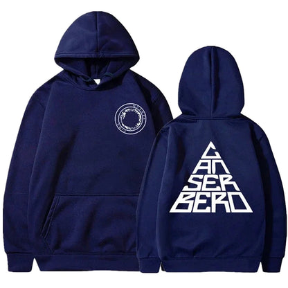 Navy Canserbero hoodie unisex featuring a graphic design on the back and front logo by LuckeLadybug LLC