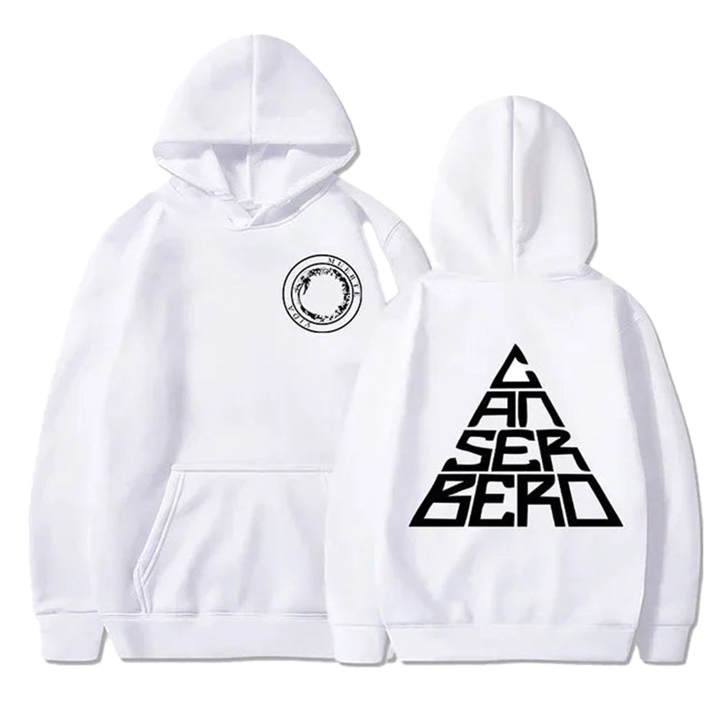 White Canserbero hoodie unisex with front logo and bold lettering on the back