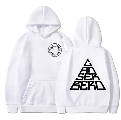 White Canserbero hoodie unisex with front logo and bold lettering on the back