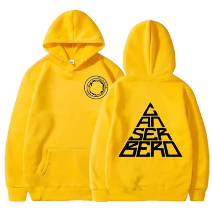 Yellow Canserbero hoodie unisex from LuckeLadybug LLC with front logo and bold back design