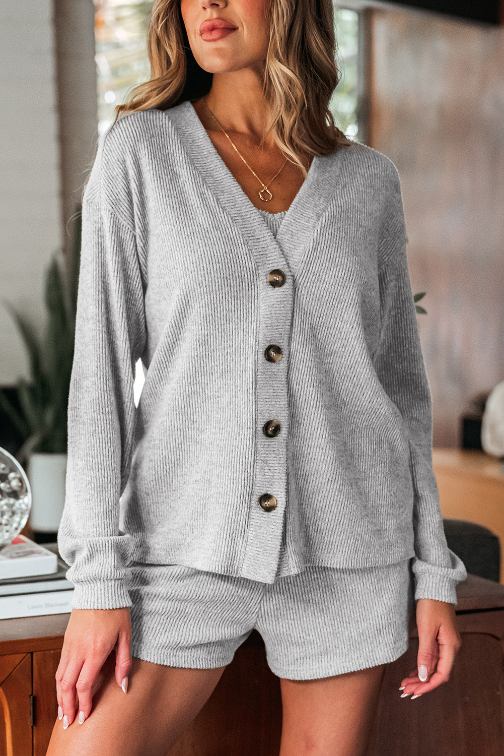 LuckeLadybug LLC Grey Cardigan Cardigan Set with Button Details and Cozy Shorts