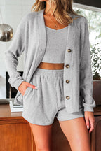 Light gray cardigan cardigan set including matching shorts and crop top for a stylish loungewear look