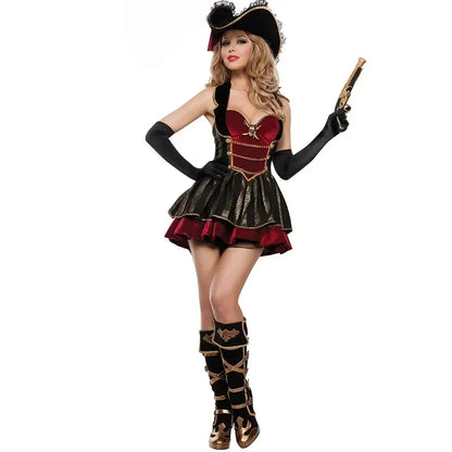 Elegant Caribbean pirate costume for women featuring a fitted bodice, ruffled skirt, and stylish accessories