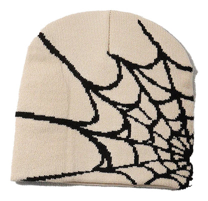 Cream Beanie with Cartoon Spider Embridered Design and Spider Web Pattern from LuckeLadybug LLC