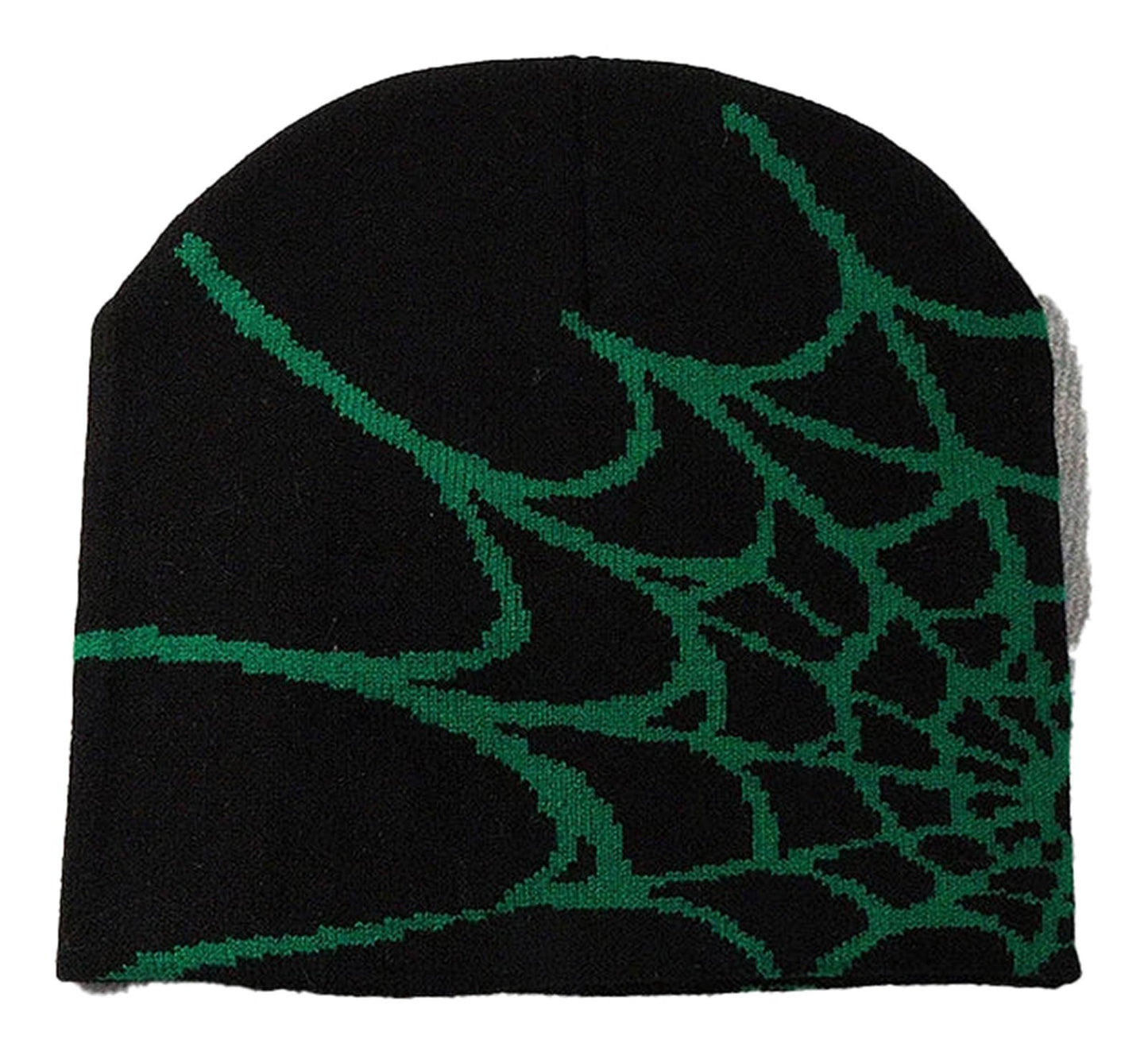 LuckeLadybug LLC cartoon spider embroidered beanie with green spider web design on a black background