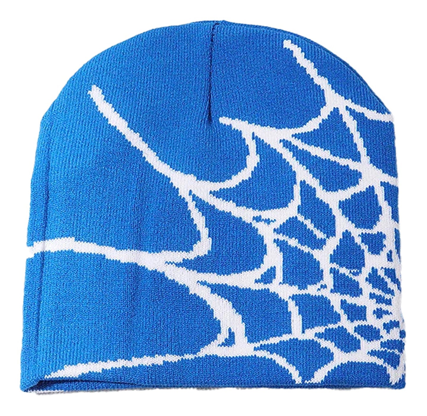 Bright blue cartoon spider embroidered beanie featuring a white spider web design