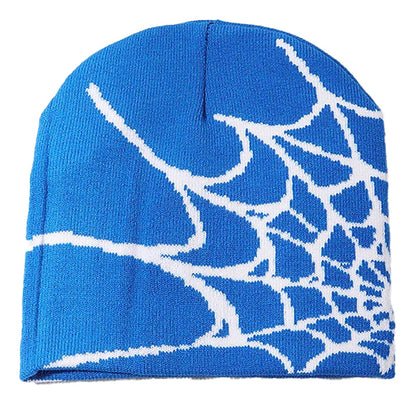 Bright blue cartoon spider embroidered beanie featuring a white spider web design