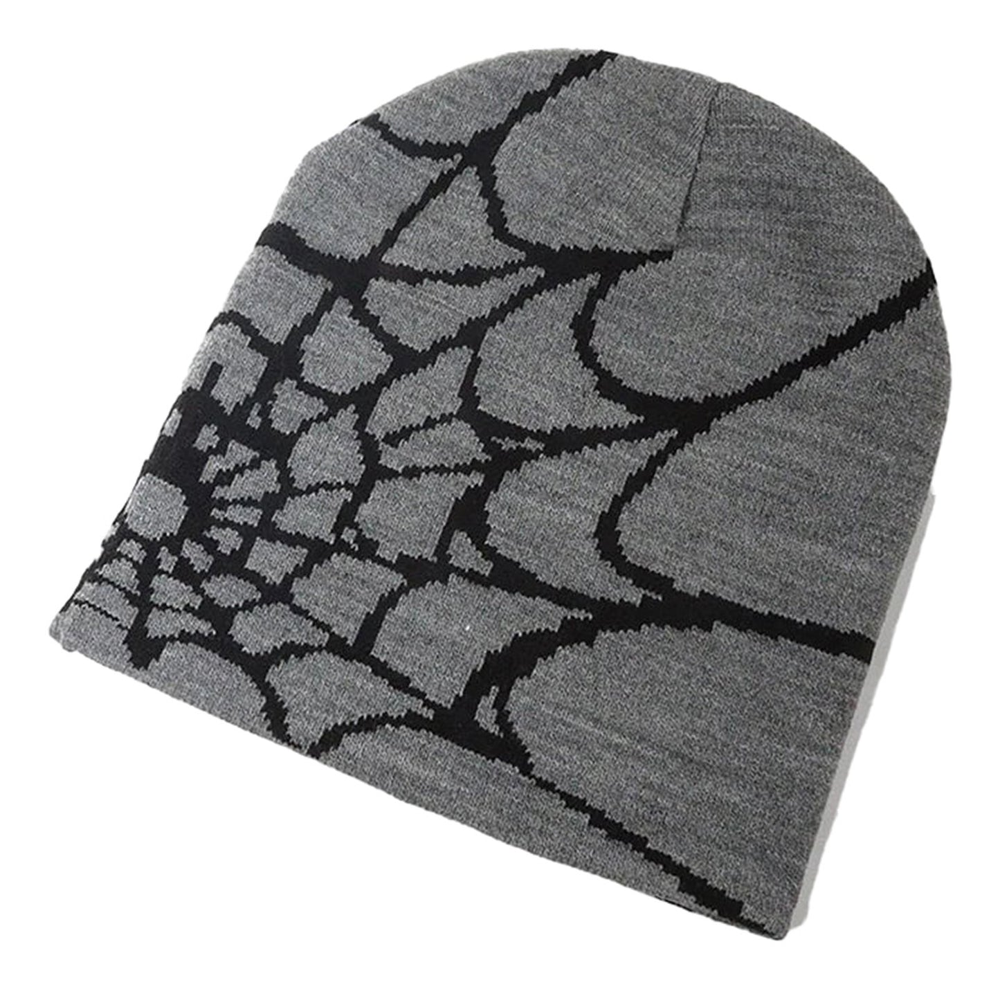 Gray cartoon spider embroidered beanie featuring a spider web design for stylish warmth