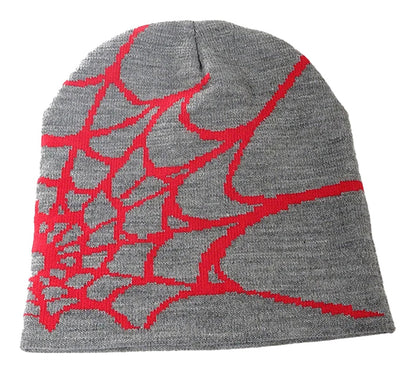 Gray cartoon spider embroidered beanie featuring a red spider web design for a stylish winter look
