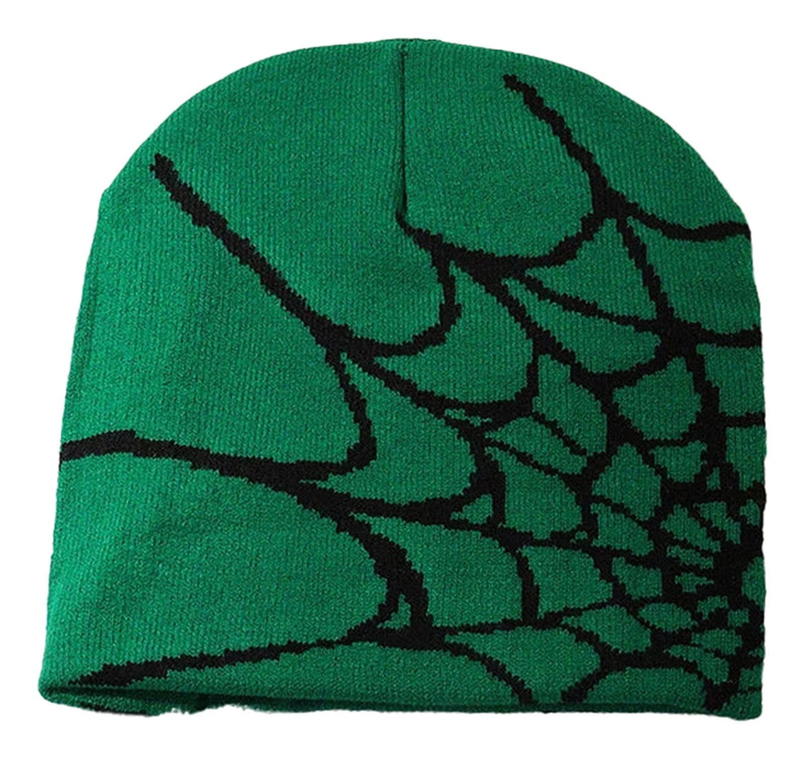 Green cartoon spider embroidered beanie with a black spider web design for stylish winter wear