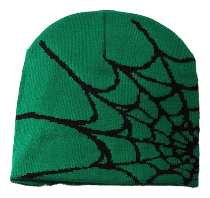 Green cartoon spider embroidered beanie with a black spider web design for stylish winter wear