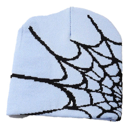 Cartoon spider embroidered beanie in light blue featuring a black spider web design
