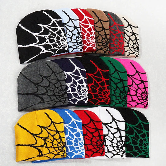 Colorful cartoon spider embroidered beanie collection with spiderweb design for stylish warmth