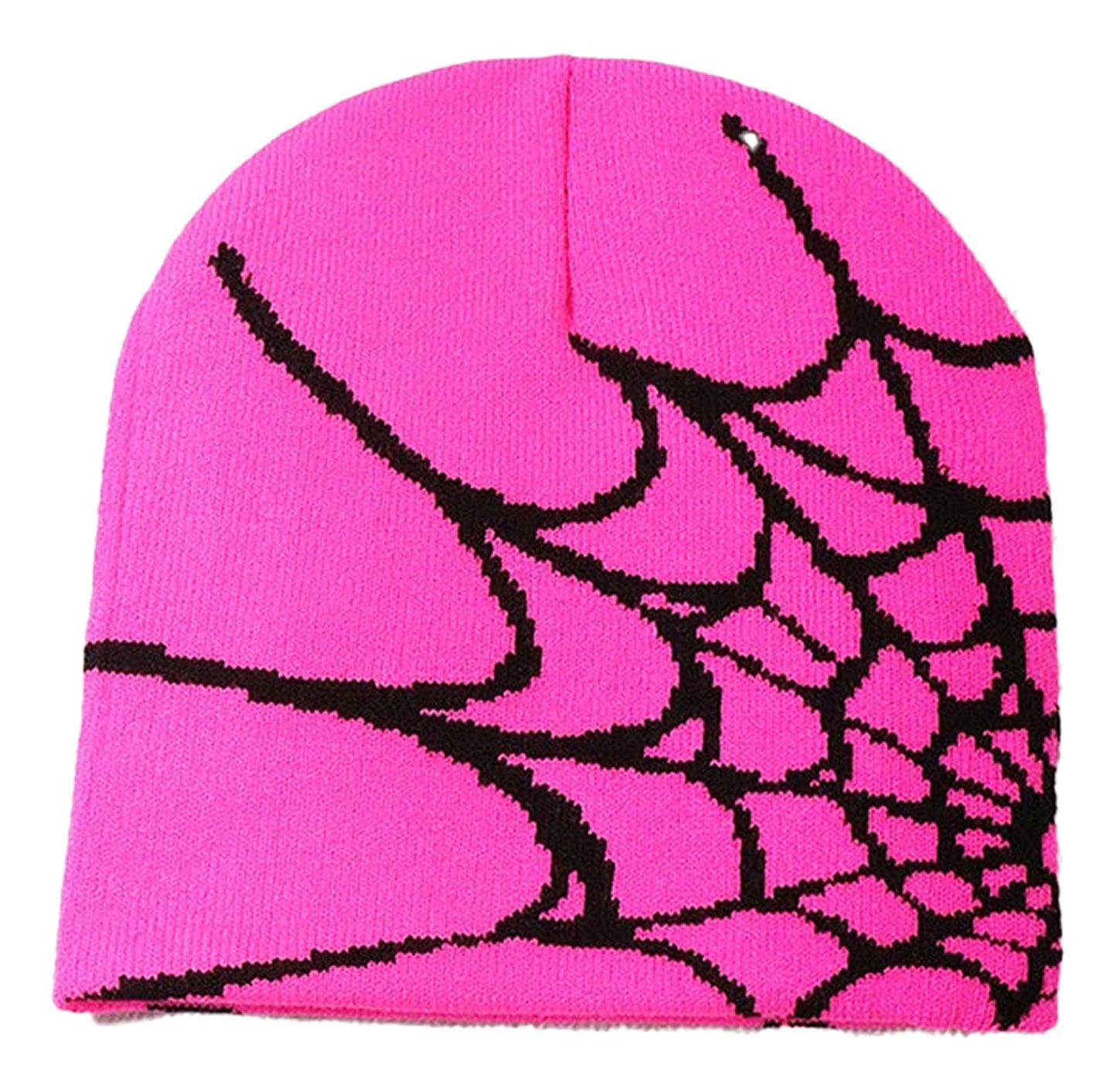 Bright pink cartoon spider embroidered beanie with black web design for a fun winter look