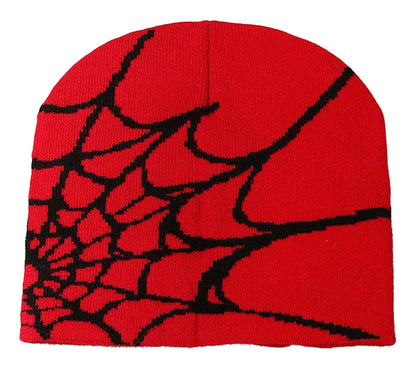 Red cartoon spider embroidered beanie with black spider web design for stylish winter wear