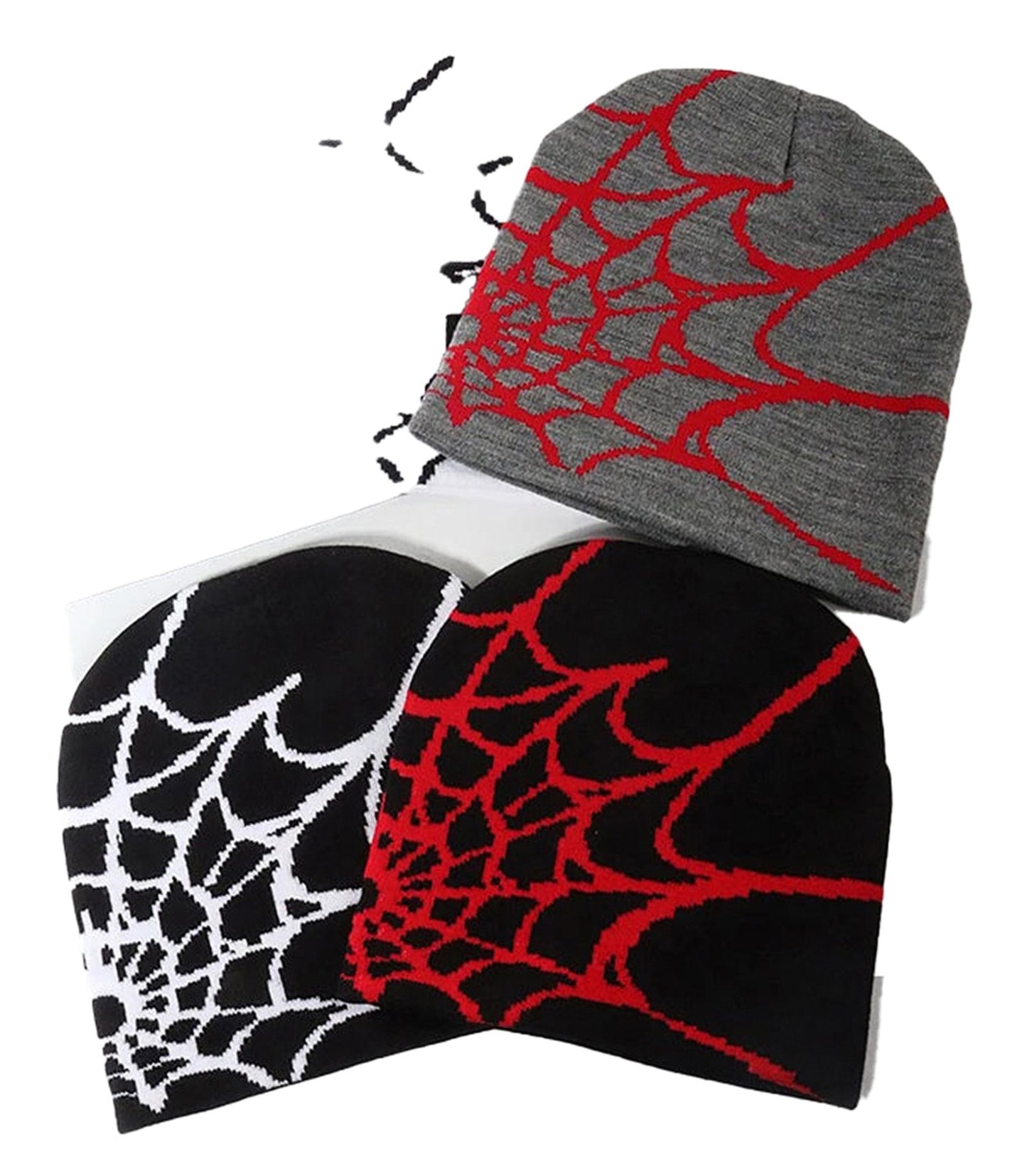Cartoon spider embroidered beanie in gray, black, and white with a spider web design