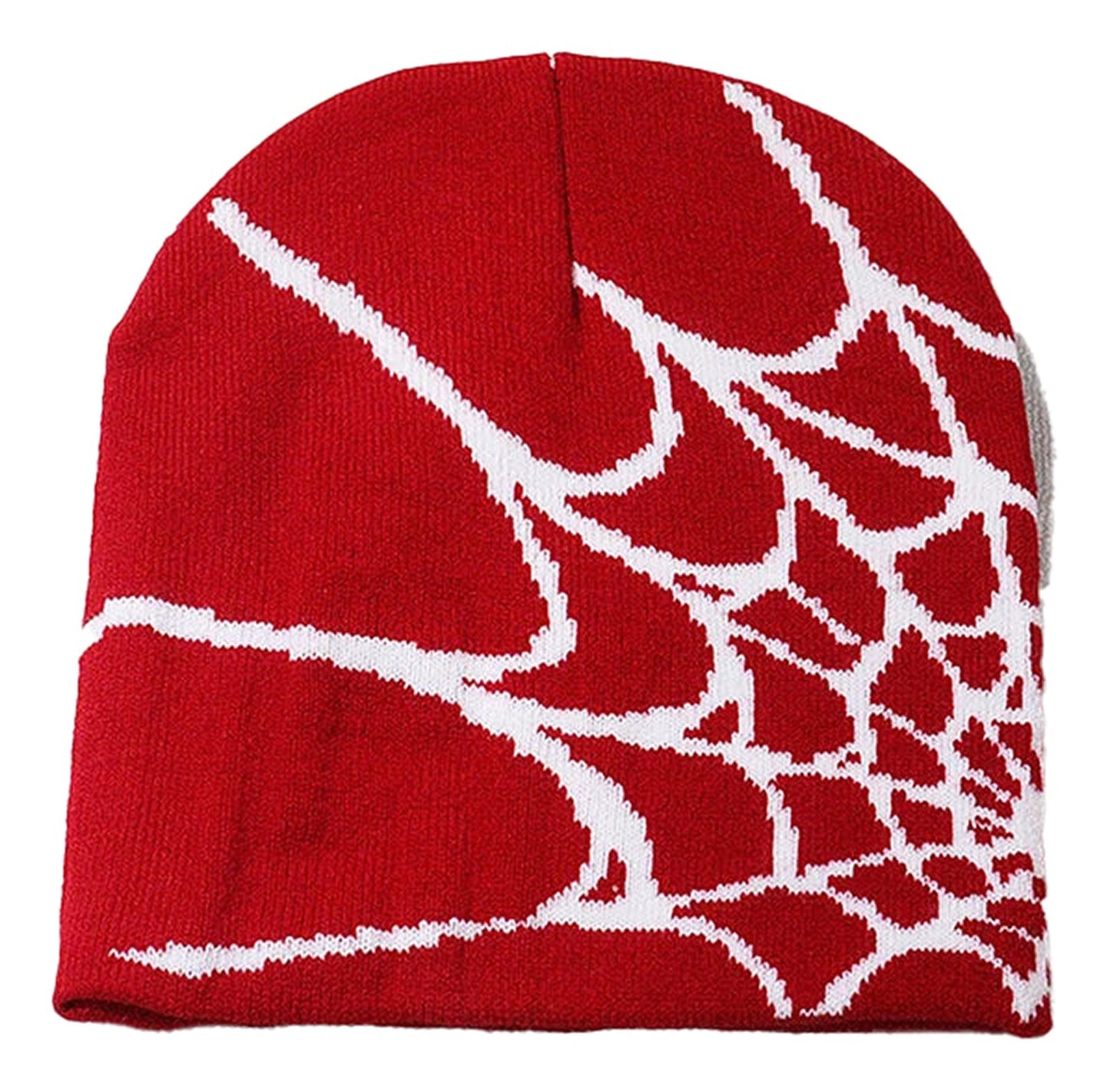 Red cartoon spider embroidered beanie with white spider web design for stylish warmth