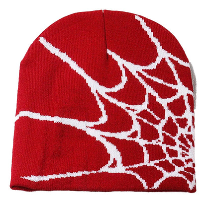 Red cartoon spider embroidered beanie with white spider web design for stylish warmth