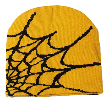 Bright yellow cartoon spider embroidered beanie with black spider web design for fun style