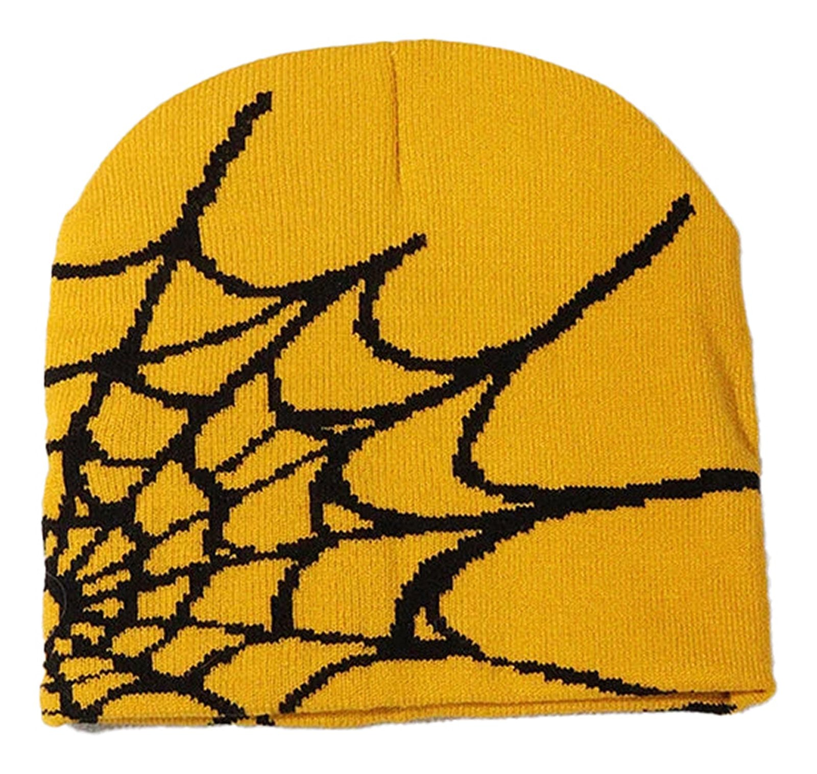 Yellow cartoon spider embroidered beanie featuring a black spider web design