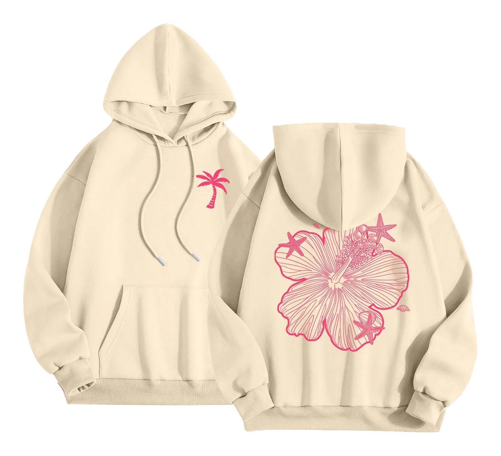 LuckeLadybug women's casual hoodies in beige with pink palm tree and flower designs