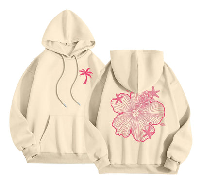 LuckeLadybug women's casual hoodies in beige with pink palm tree and flower designs