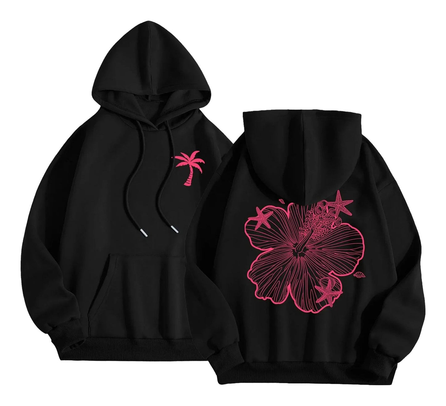 LuckeLadybug women's casual hoodies in black with pink palm tree and hibiscus flower design
