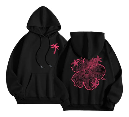 LuckeLadybug women's casual hoodies in black with pink palm tree and hibiscus flower design