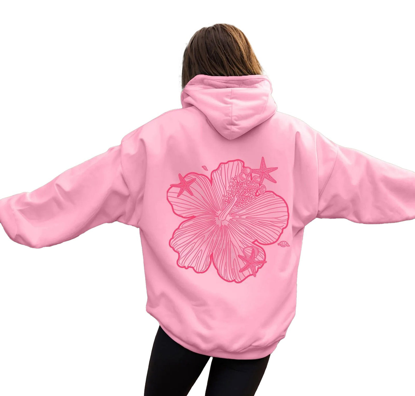 Pink women's casual hoodies featuring a floral design on the back, perfect for relaxed outings