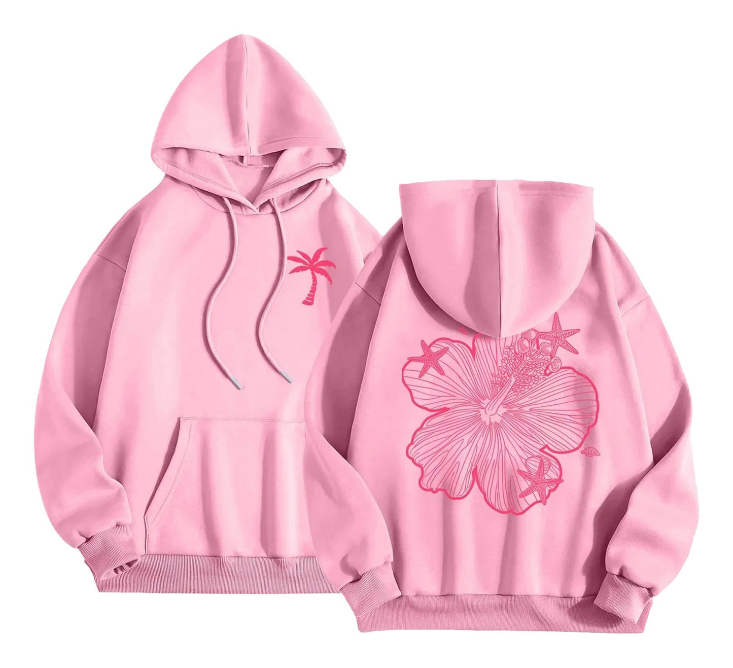 Pink women's casual hoodies featuring a palm tree and flower design for relaxed, stylish comfort
