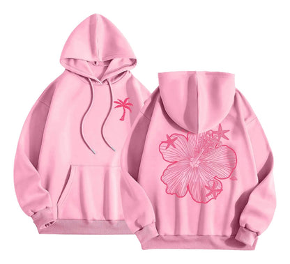 Pink women's casual hoodies featuring a palm tree and flower design for relaxed, stylish comfort